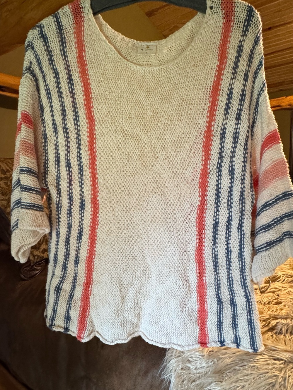By Together Cream Knit Sweater with Blue and Coral Stripes